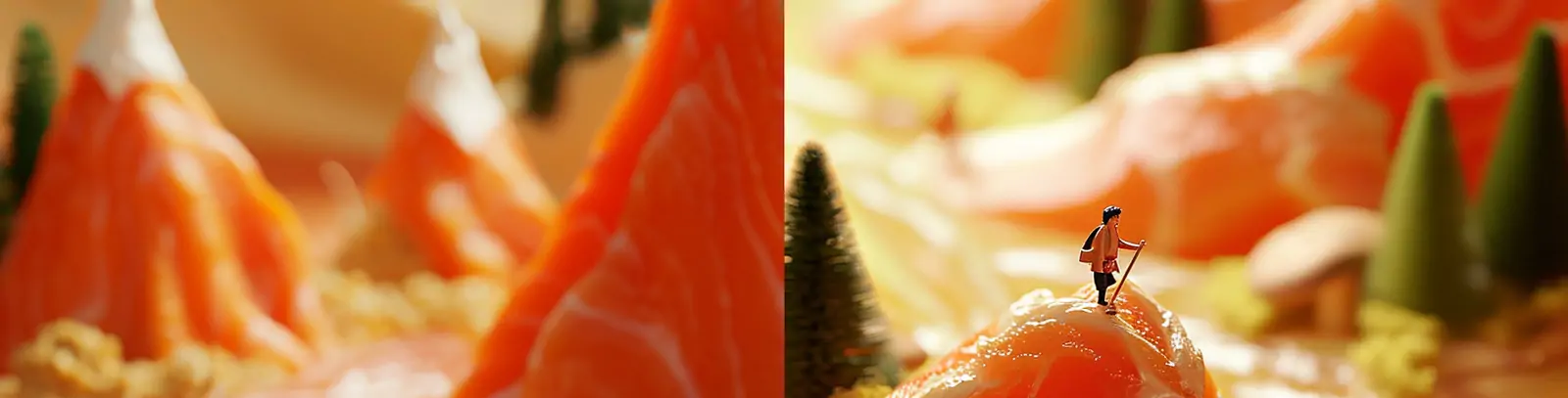 创意美食三文鱼自然山脉河流微缩景观特写场景艺术广告海报midjourney关键词咒语