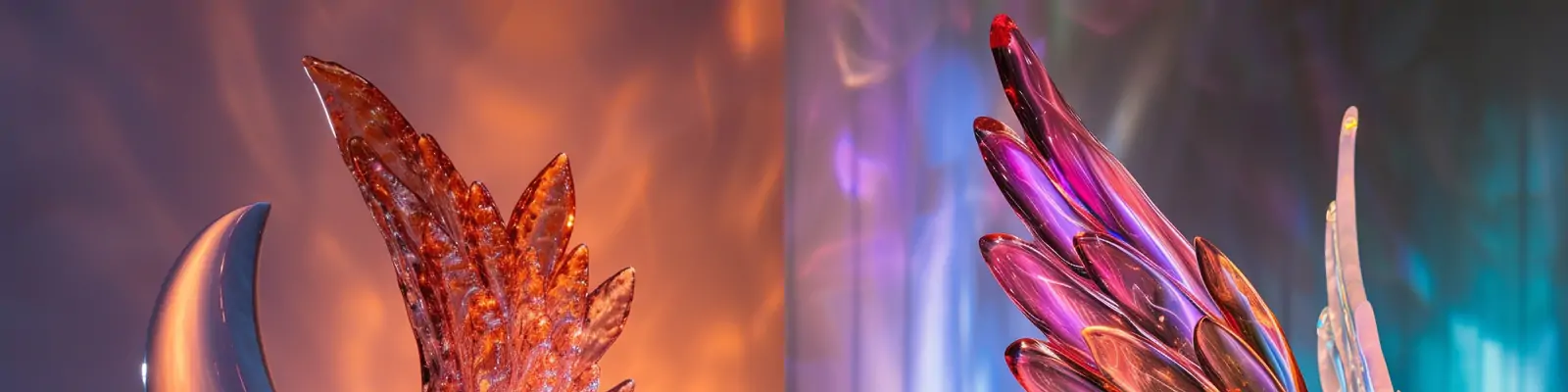 浪漫主义彩色渐变透明玻璃水晶翅膀雕塑模型工艺品摄影海报midjourney关键词咒语