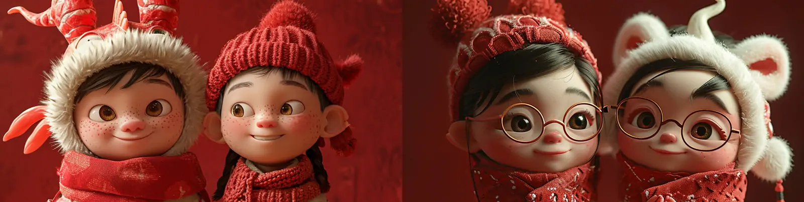 可爱卡通中国风龙年新年春节红色喜庆宝宝皮克斯动画人物插图海报midjourney关键词咒语