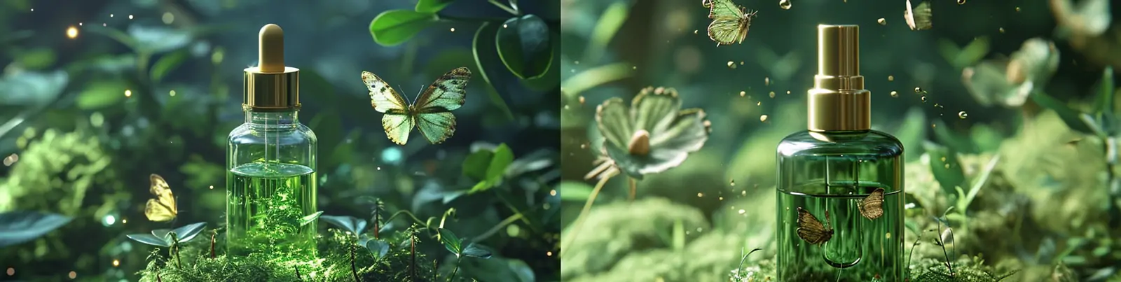 创意绿色天然化妆品护肤品精华植物蝴蝶电商广告海报midjourney关键词咒语