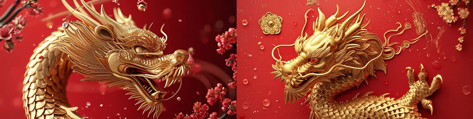 红色中国风3D立体2024中国龙金属装饰品工艺品摄影海报midjourney关键词咒语