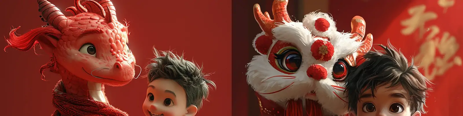 可爱卡通中国风龙年新年春节红色吉祥物皮克斯动画人物插图海报midjourney关键词咒语