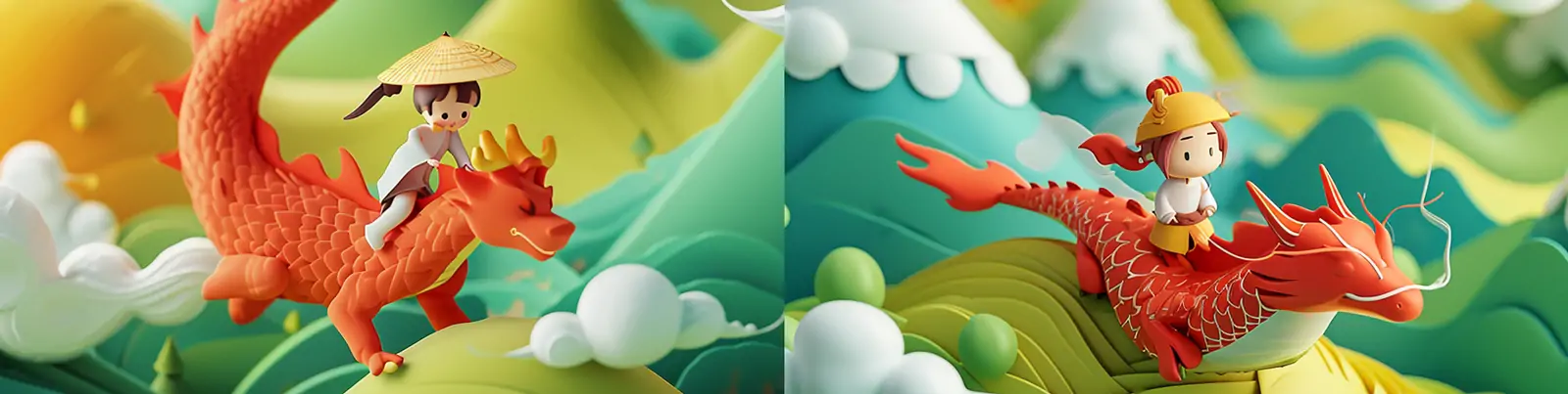 3D立体可爱卡通女孩红色中国龙绿色山丘云层飞行动画场景插图海报midjourney关键词咒语