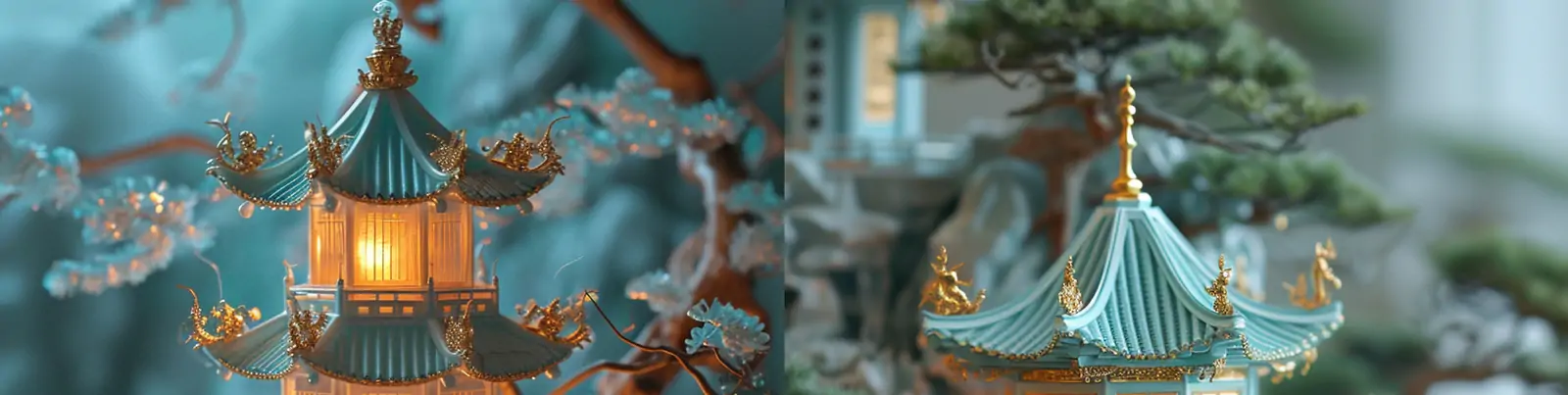 创意微型中国风亚洲梦幻城市阁楼宝塔景观光效立体建筑摄影海报midjourney关键词咒语