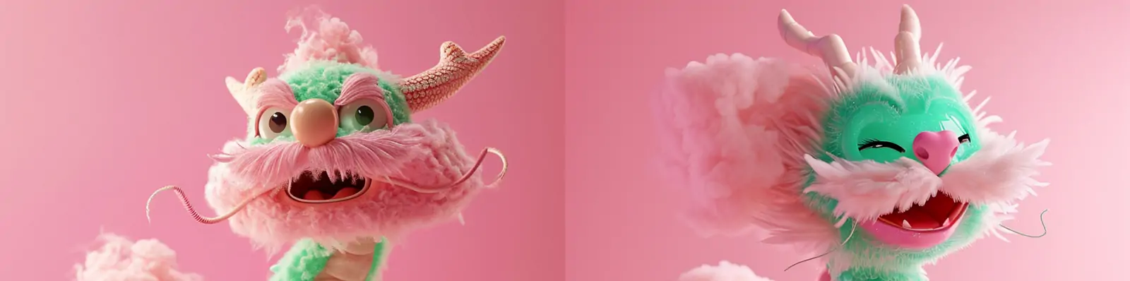 可爱多巴胺芭比粉中国龙恐龙动物毛绒玩具卡通形象产品广告摄影海报midjourney关键词咒语