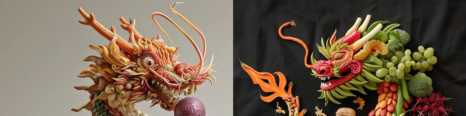 创意蔬菜水果辣椒谷物调料五谷杂粮合成精致中国龙模型海报midjourney关键词咒语