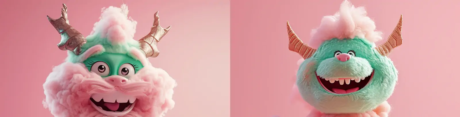 可爱多巴胺芭比粉中国龙恐龙动物棉花糖毛绒玩具卡通形象产品摄影海报midjourney关键词咒语