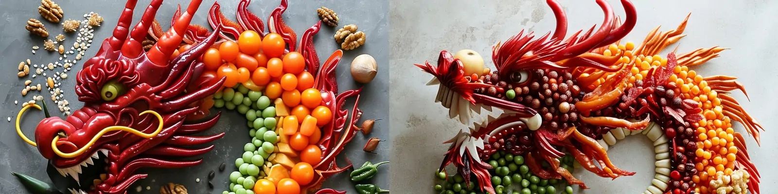 创意蔬菜水果辣椒谷物调料五谷杂粮合成精致立体中国龙模型海报midjourney关键词咒语