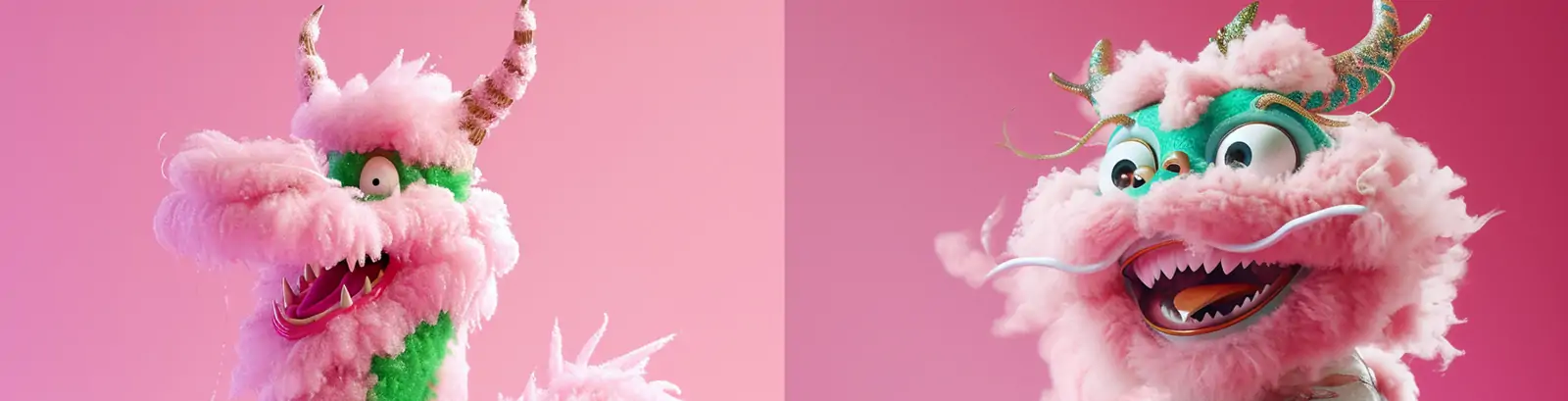 可爱多巴胺芭比粉中国龙恐龙动物毛绒玩具卡通形象产品摄影海报midjourney关键词咒语