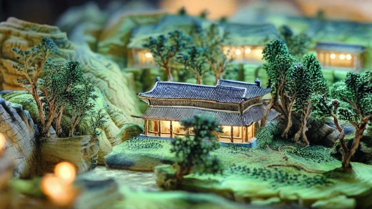中国风山水立体微缩模型奇域ai关键词咒语