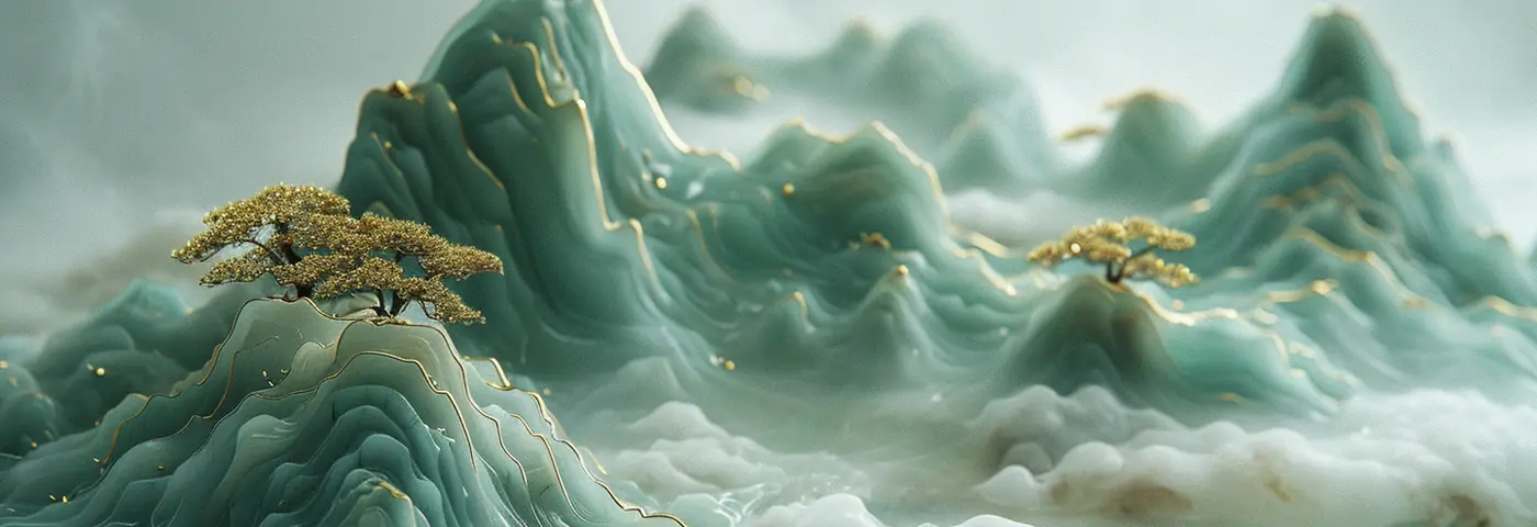 中国风玉石翡翠黄金松树玉雕山水画立体模型Midjourney关键词咒语