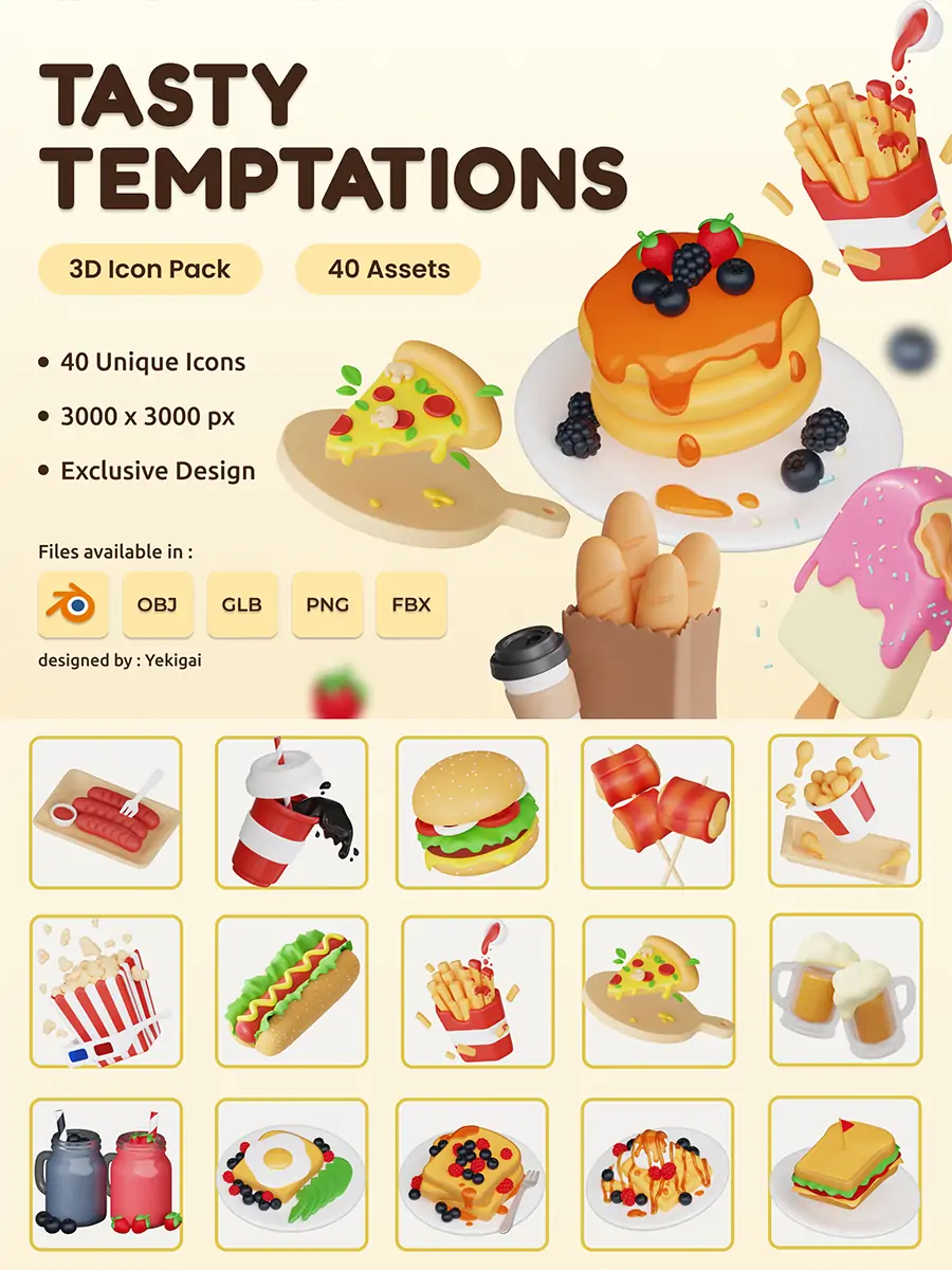 3D立体美食早餐咖啡甜品快餐汉堡披萨图标插图blender设计素材模型-Ai宇宙吧-