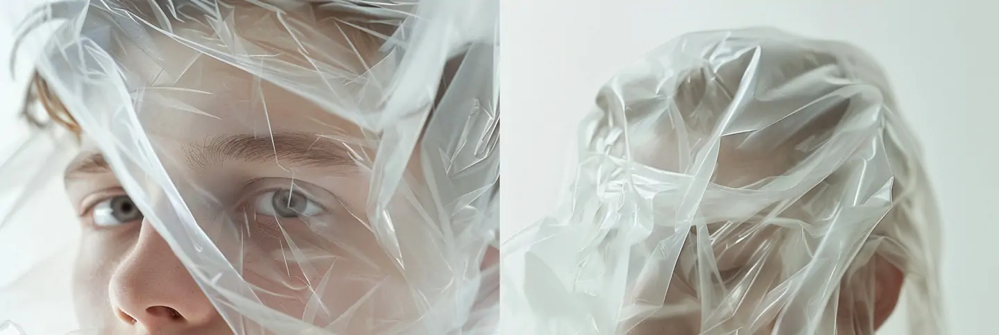 时尚白色柔和浪漫主义透明塑料薄膜覆盖人物封面艺术摄影海报midjourney关键词咒语