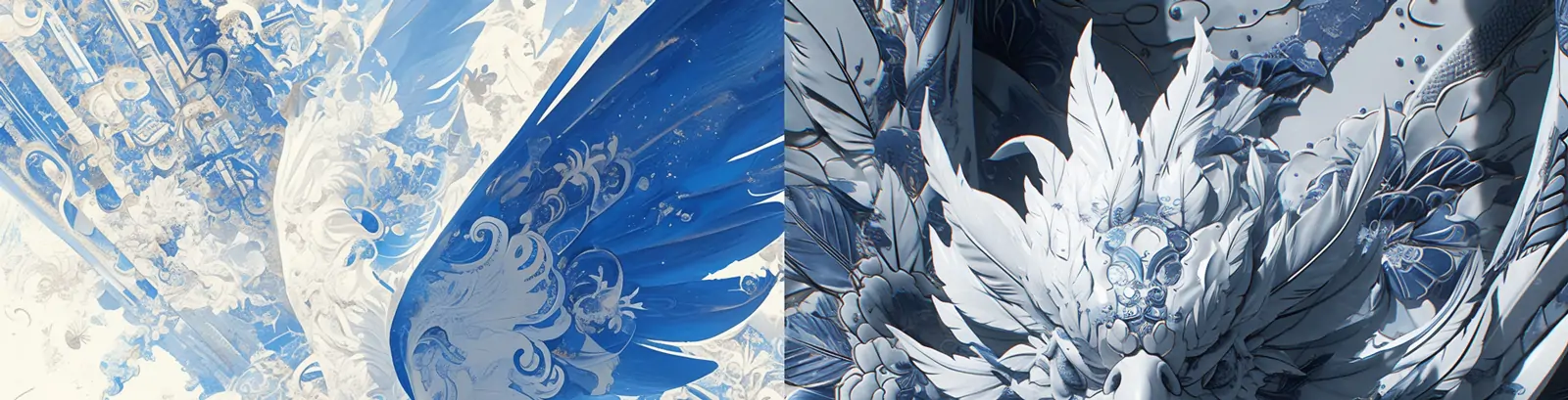 中国风青花瓷白瓷凤凰翅膀花纹图案神话元素插图海报midjourney关键词咒语