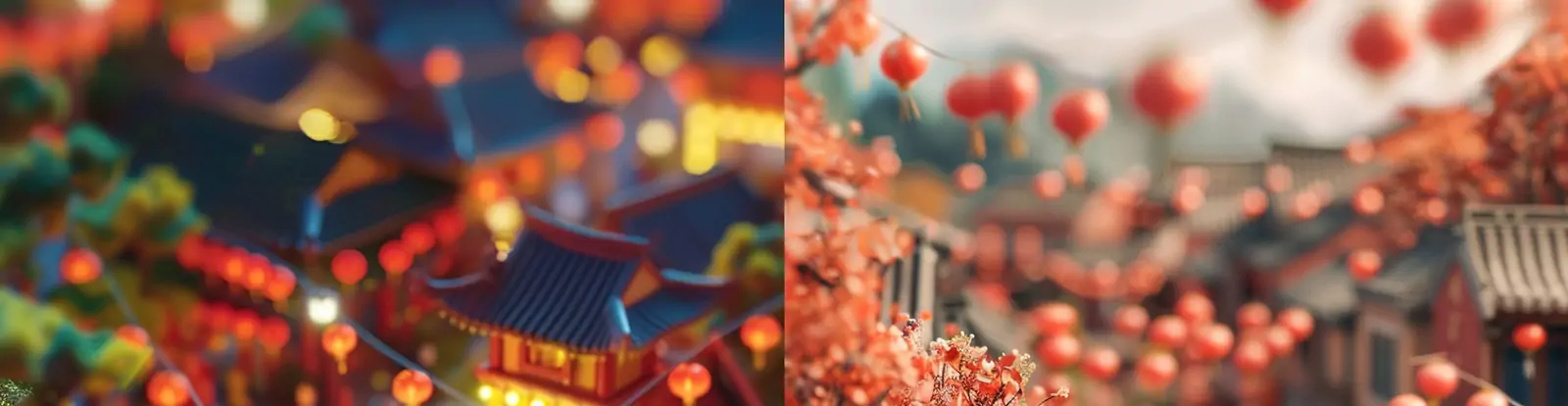 超可爱微型粘土世界中国新年灯笼春联小镇场景等距插图海报midjourney关键词咒语