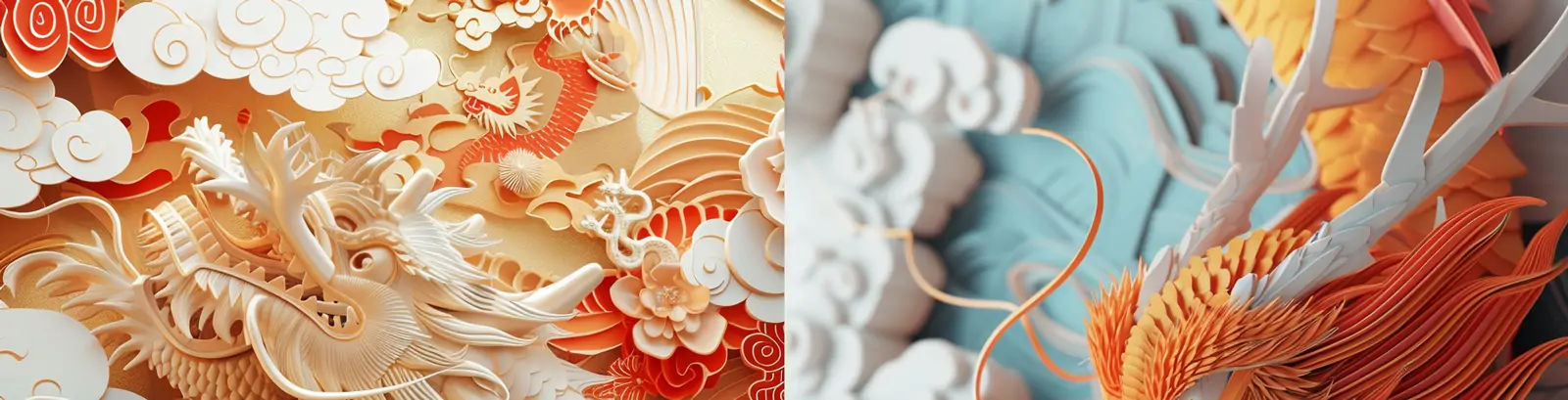 创意3D立体2024龙年逼真中国龙祥云景观折纸艺术线条图案场景海报midjourney关键词咒语