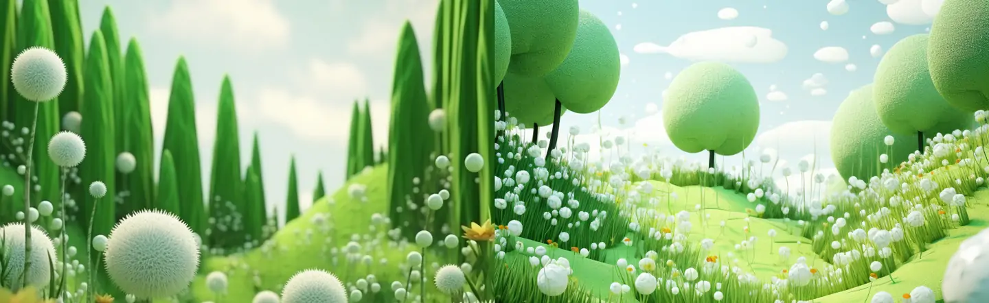 创意3D立体绿色草丛树林鲜花植物蒲公英动画场景插图海报midjourney关键词咒语