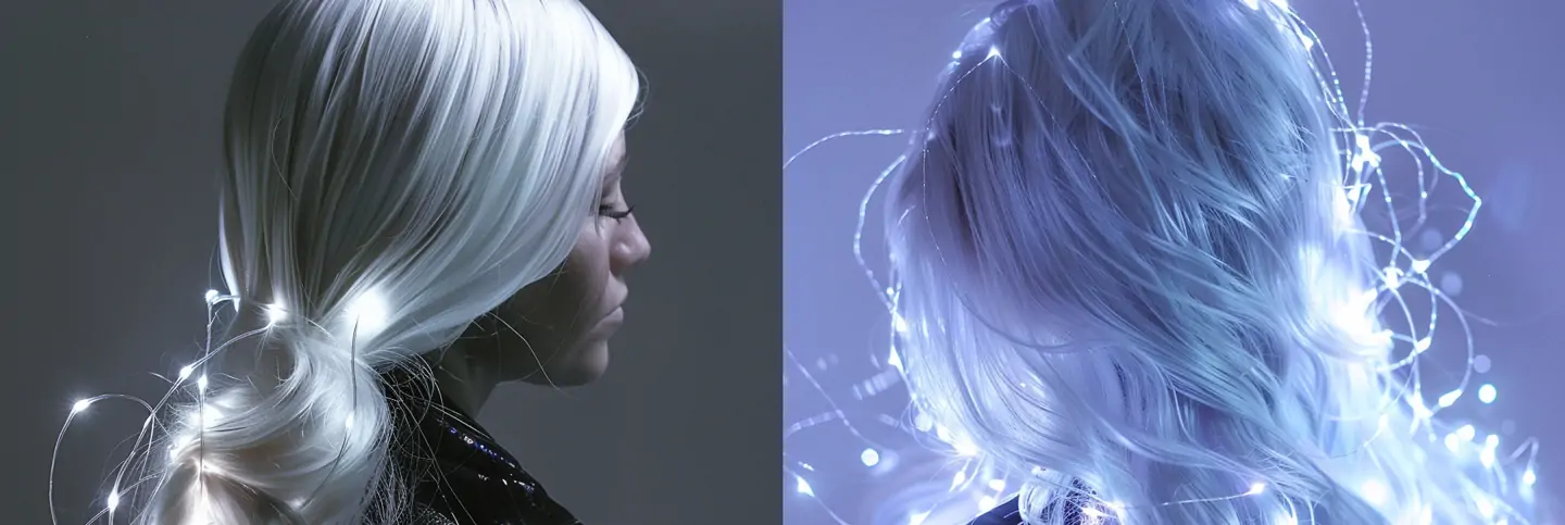 时尚潮流发光白色头发女孩人物艺术摄影照片海报midjourney关键词咒语