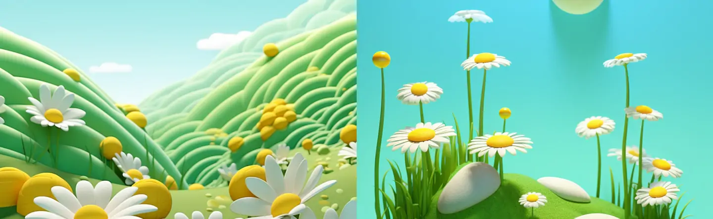 创意手绘3D立体绿色春天鲜花植物小雏菊自然风景插图海报背景midjourney关键词咒语