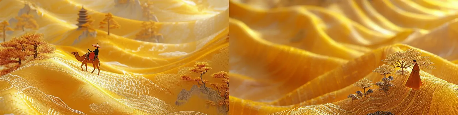 中国风黄色缎面锦缎丝绸之路布料骆驼场景花纹图案海报背景midjourney关键词咒语
