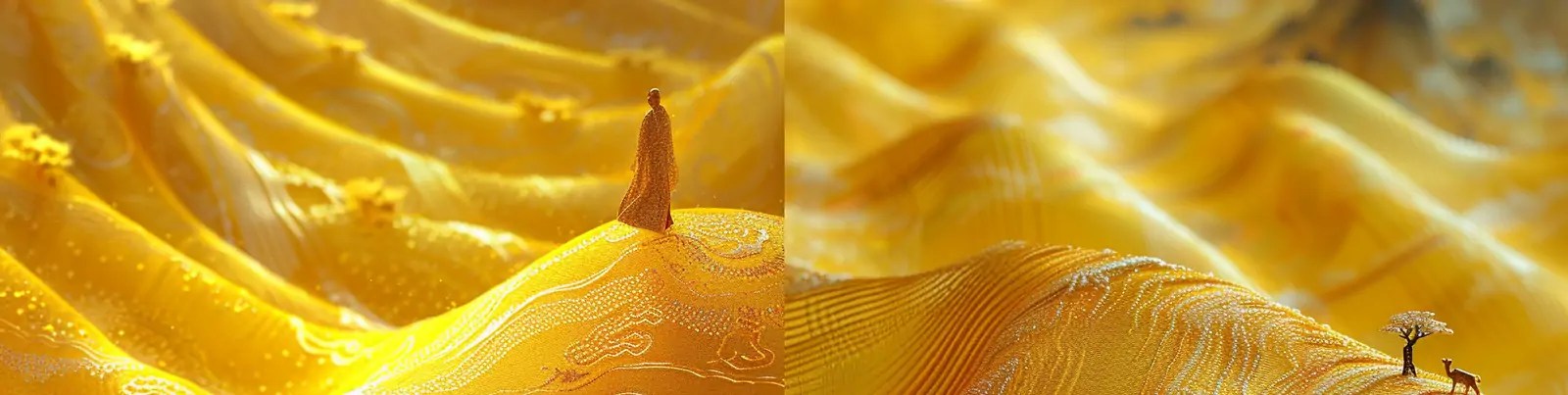 中国风黄色缎面锦缎丝绸之路布料骆驼场景花纹图案海报背景midjourney关键词咒语