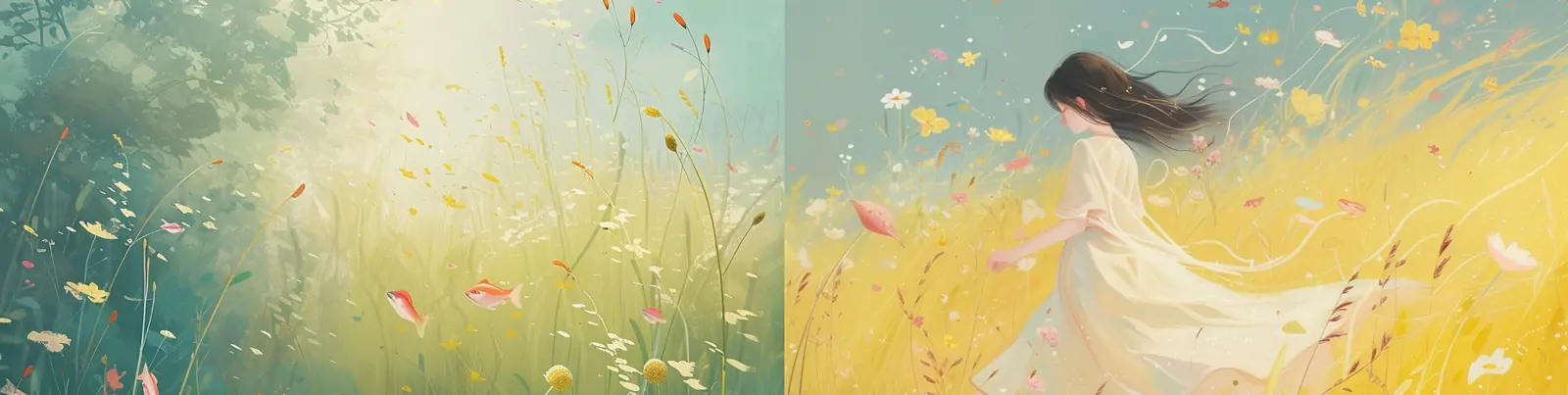 手绘唯美秋天辽阔草原鲜花植物女孩奔跑背影艺术插图绘画海报midjourney关键词咒语