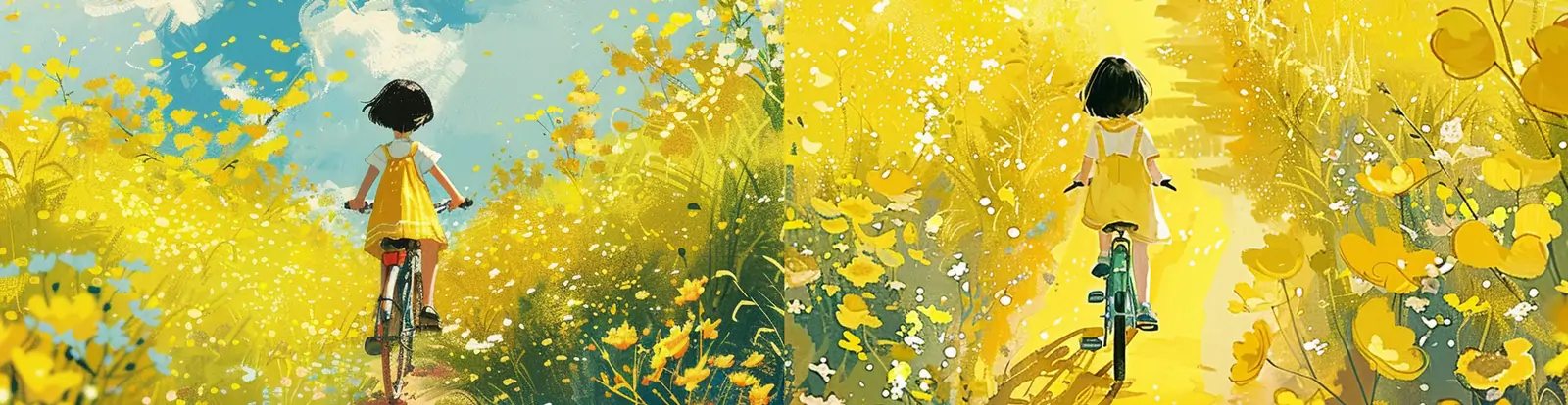 手绘卡通春天女孩骑自行车金黄油菜花小路背影插图壁纸油画海报midjourney关键词咒语