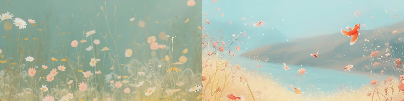 手绘唯美秋天辽阔草原鲜花植物自然风景场景艺术插图绘画海报midjourney关键词咒语