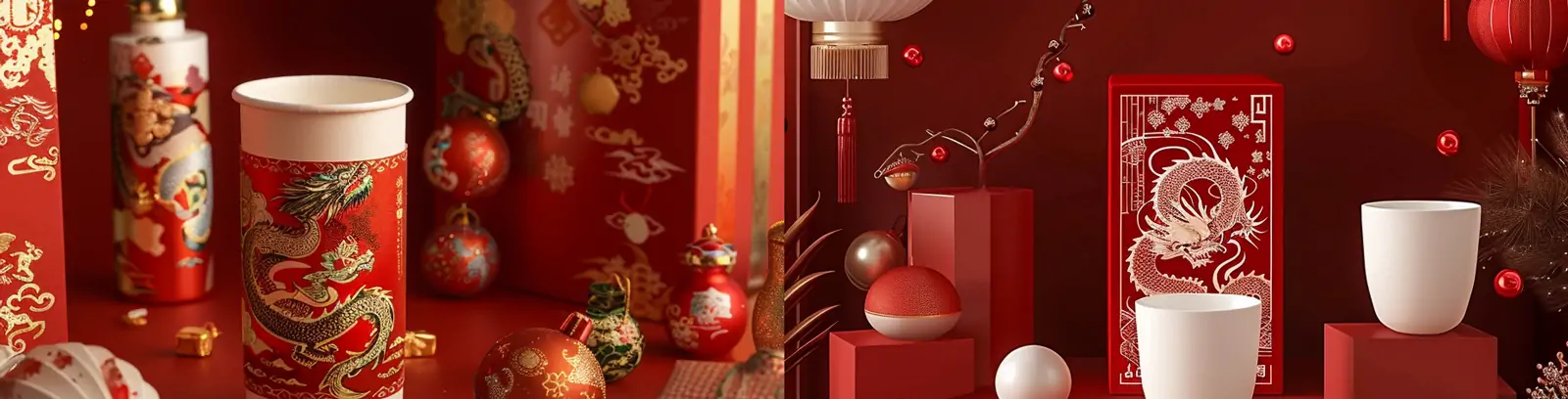 中国风红色喜庆新年主题杯子礼盒包装图案装饰电商产品广告海报midjourney关键词咒语
