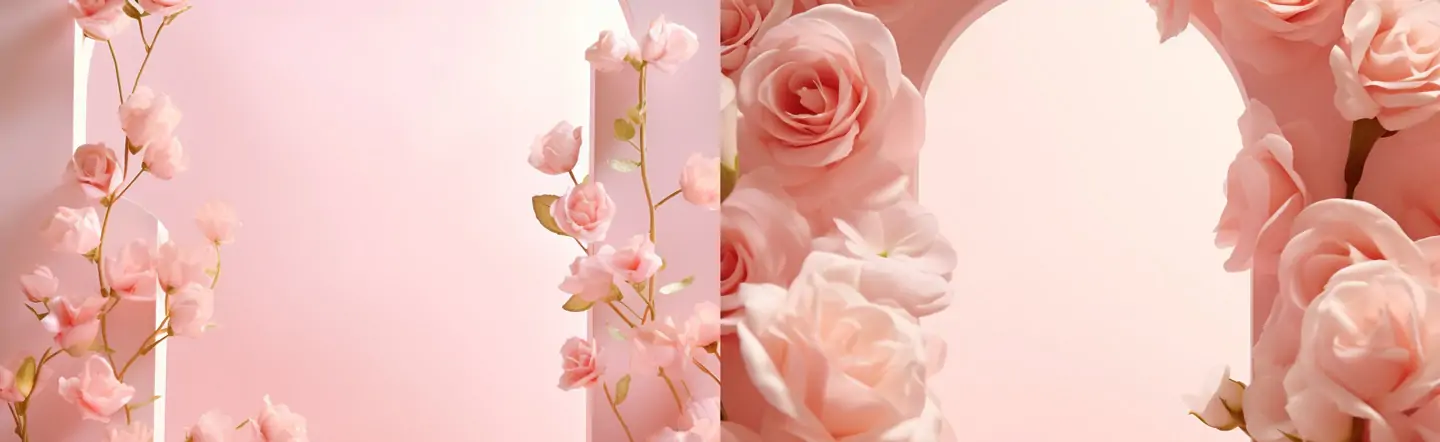 极简主义粉色玫瑰花拱门婚礼婚纱照艺术摄影工作室场景海报背景midjourney关键词咒语