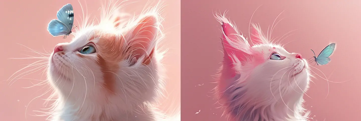 可爱粉红色猫咪侧脸蓝色蝴蝶动物概念艺术摄影海报midjourney关键词咒语
