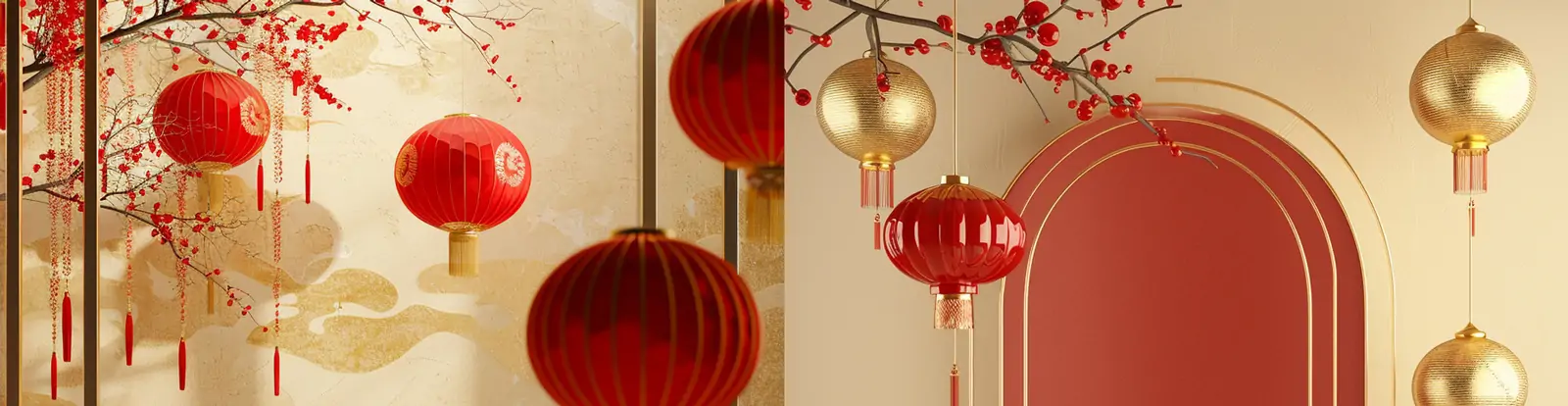 中国风金色新年主题灯笼梅花电商圆形舞台促销活动海报背景midjourney关键词咒语