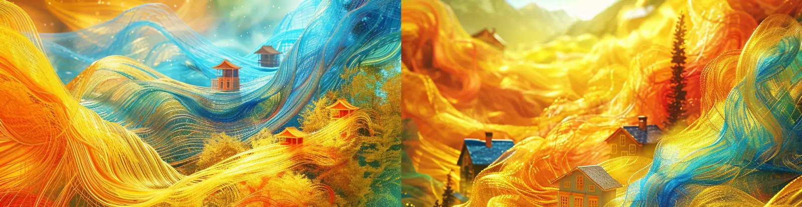 中国风彩色自然山脉建筑房屋风景薄纱织物鸟瞰图海报背景midjourney关键词咒语