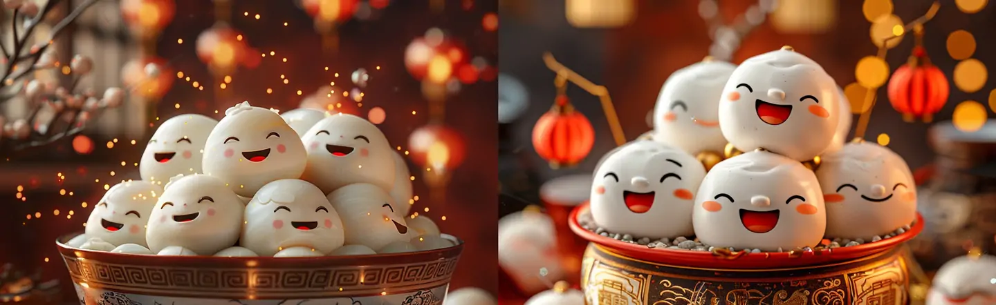 中国传统节日元宵节可爱动漫卡通表情元宵汤圆美食广告海报midjourney关键词咒语