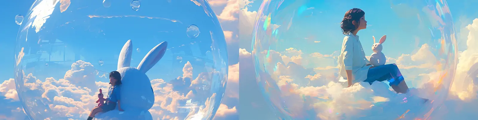 创意梦幻天空透明气泡女孩蓝天白云皮克斯迪士尼风格插图海报midjourney关键词咒语