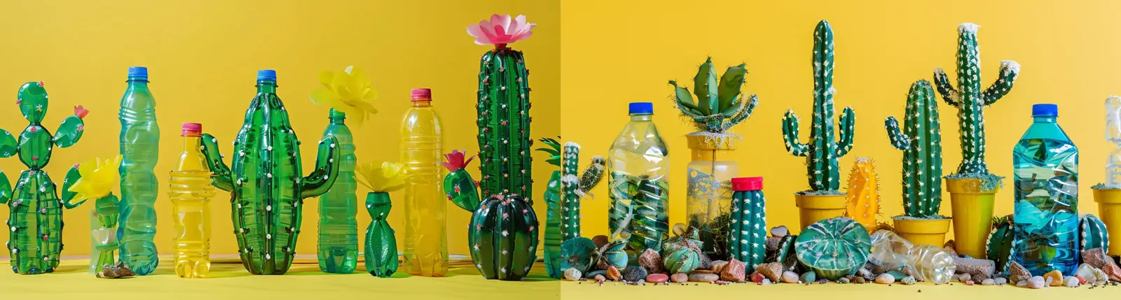 创意垃圾塑料瓶丙烯酸纸仙人掌植物手工艺品摄影海报midjourney关键词咒语