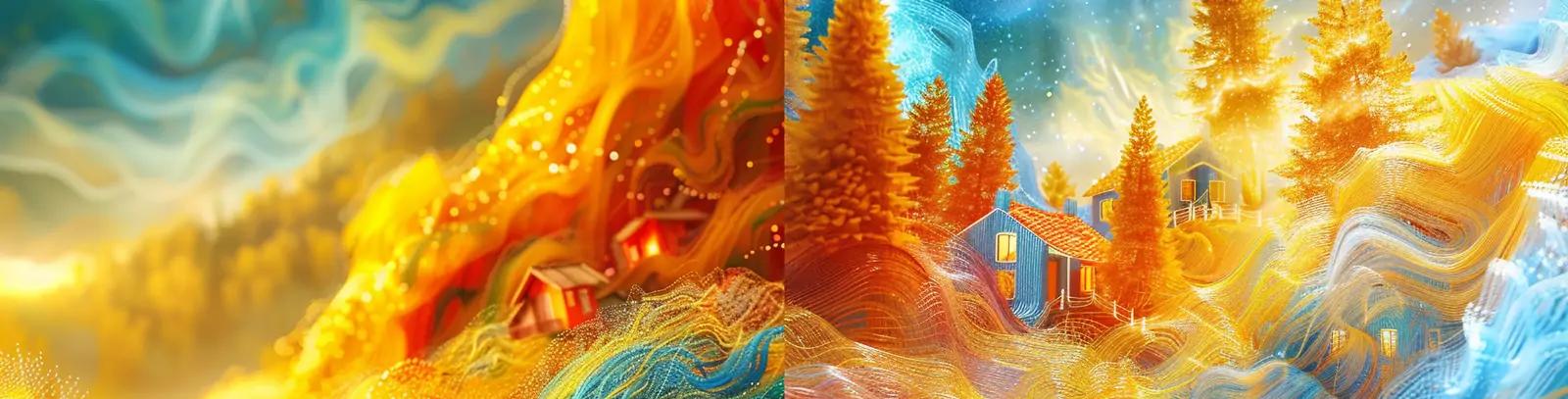 中国风彩色自然山脉建筑房屋风景薄纱织物鸟瞰图海报背景midjourney关键词咒语