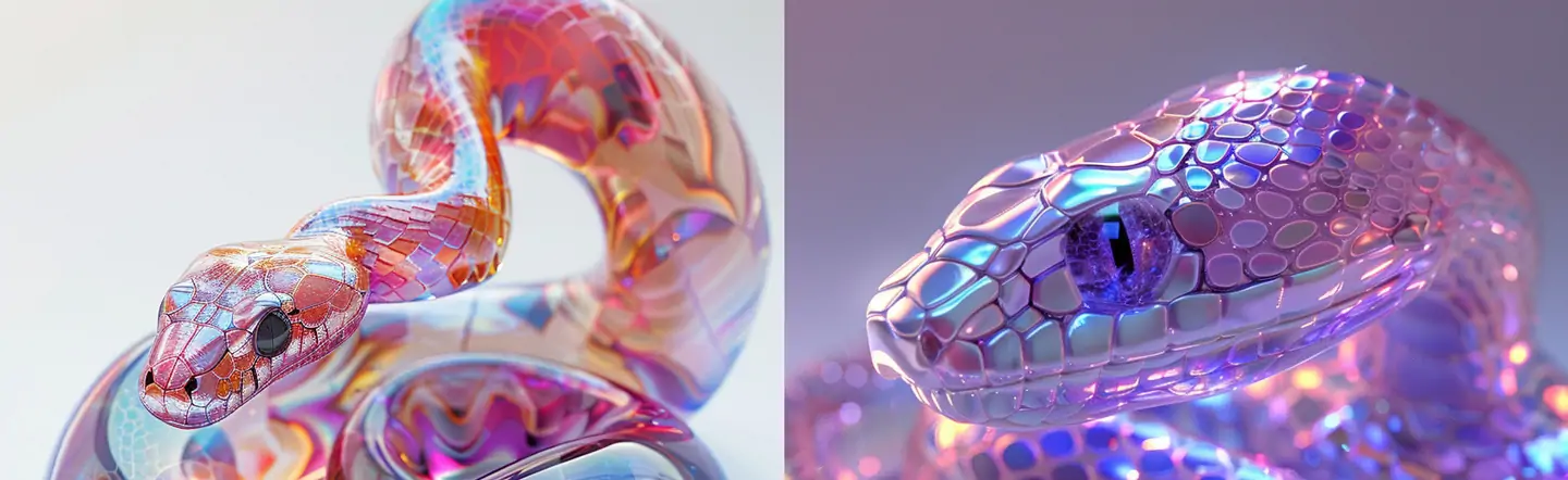 创意全息半透明彩色渐变玻璃纹理可爱的蛇逼真立体模型midjourney关键词咒语