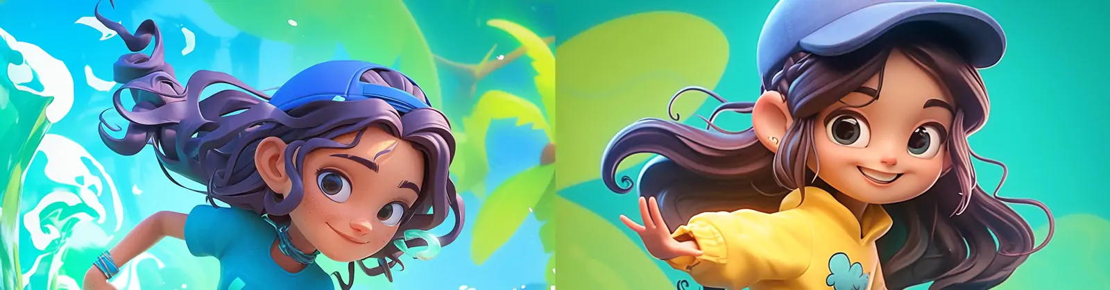 迪士尼风格可爱动漫卡通俏皮滑板小女孩艺术插图海报midjourney关键词咒语