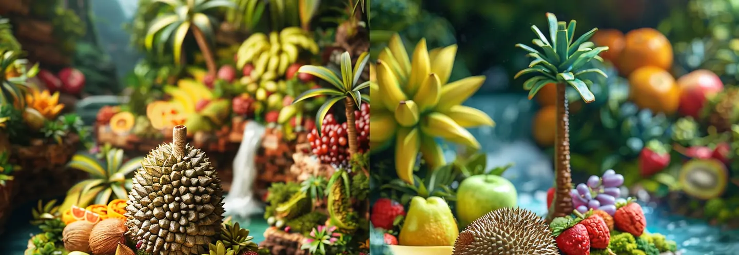 创意热带水果榴莲迷你微景观场景广告midjourney关键词提示词咒语