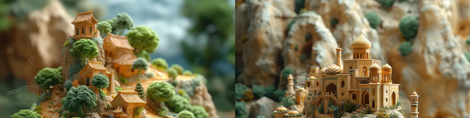 创意崎岖山路骆驼道路阁楼建筑自然风景鸟瞰图场景海报midjourney关键词咒语