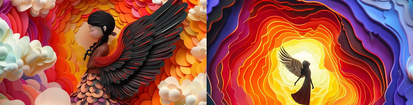 3D剪纸艺术粘土世界美丽女孩天使翅膀阳光云层景观海报midjourney关键词咒语