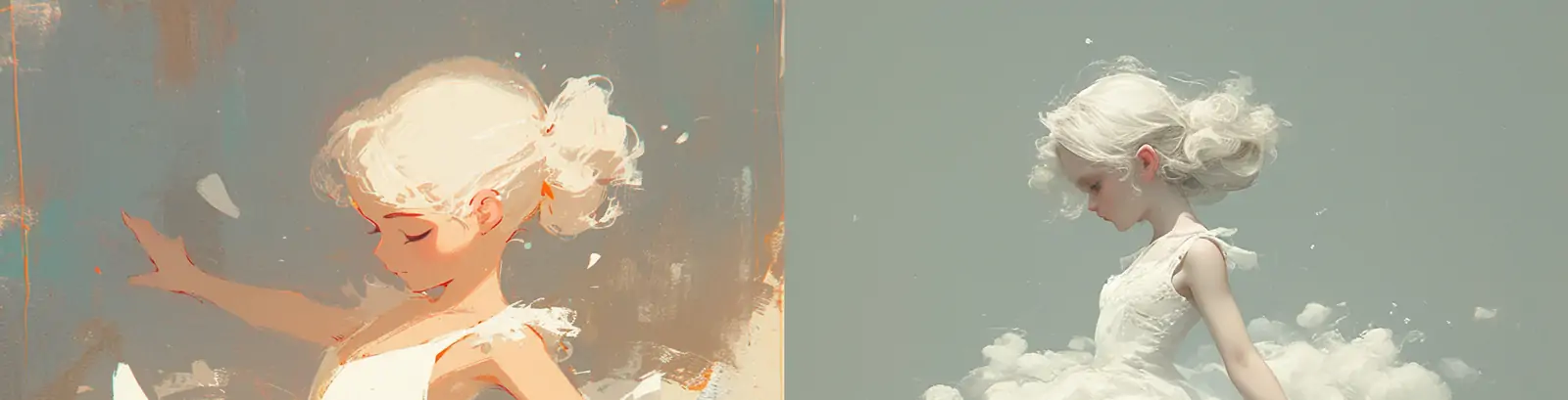 创意梦幻白色云朵小女孩芭蕾舞蹈演员旋转动作艺术摄影海报midjourney关键词咒语