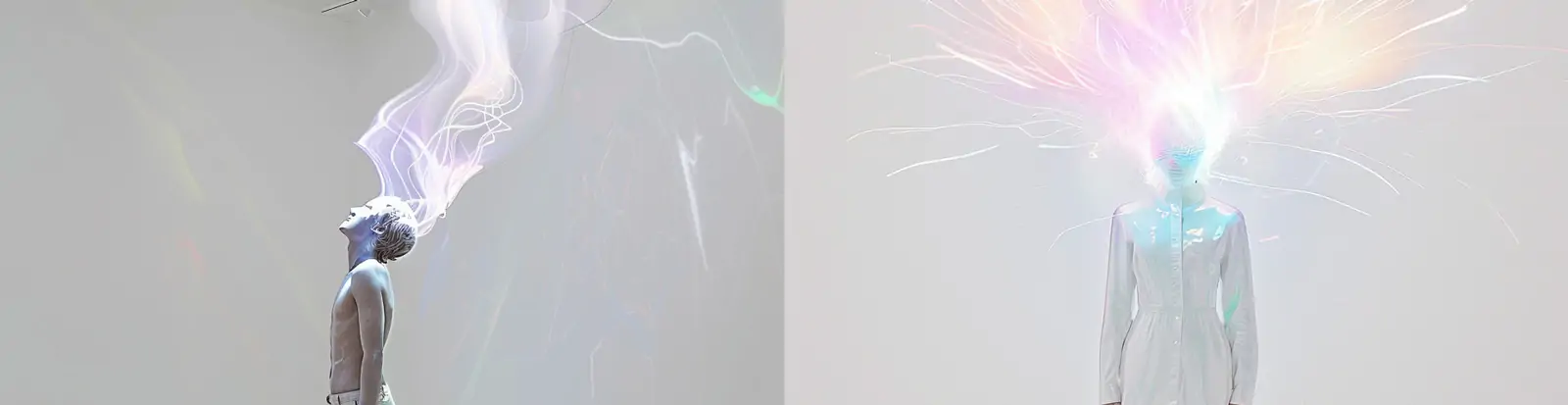 极简主义白色房间人物头部绽放爆炸云朵极光抽象艺术情感海报midjourney关键词咒语