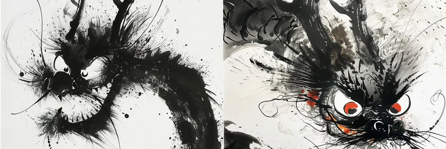 手绘动漫黑白水墨画风格可爱中国龙抽象线条主义插图海报midjourney关键词咒语