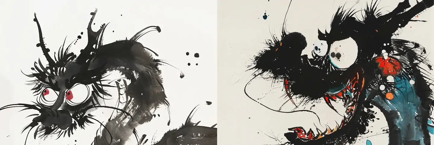 手绘动漫黑白水墨画风格可爱中国龙抽象线条主义插图海报midjourney关键词咒语