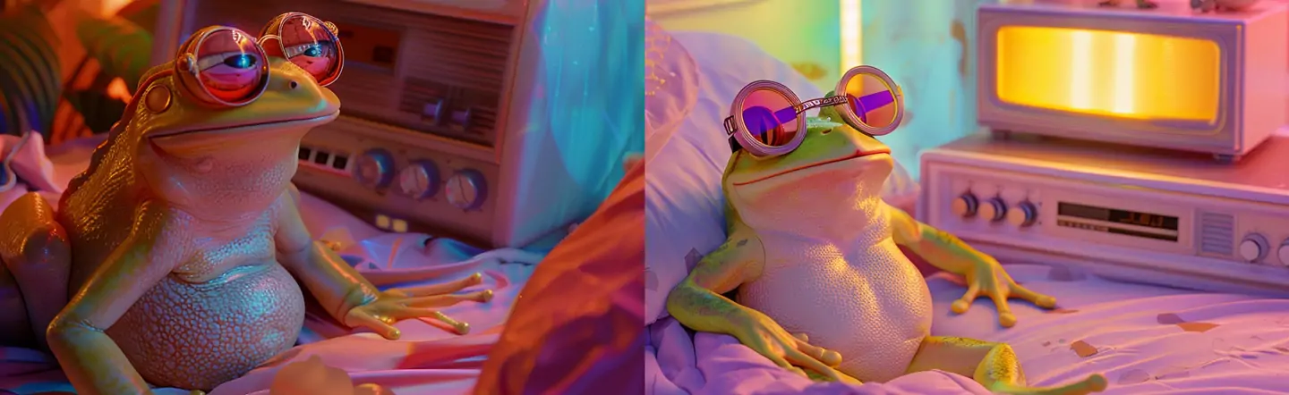 时尚复古潮流80年代彩色渐变青蛙梦幻卧室氛围动画场景海报midjourney关键词咒语