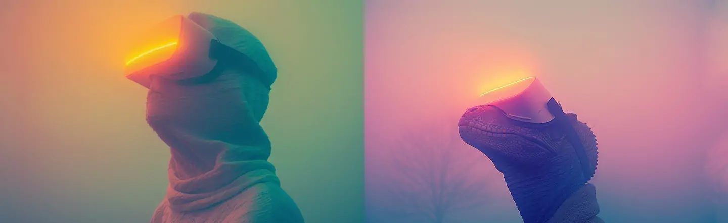 极简主义未来科技VR虚拟世界眼镜恐龙人物艺术摄影海报midjourney关键词咒语