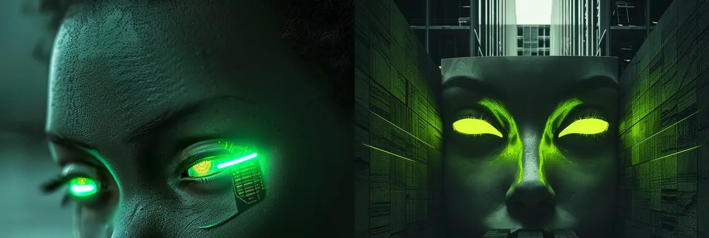 未来主义绿色科技霓虹灯镭射发光机器人眼睛人物雕塑海报midjourney关键词咒语