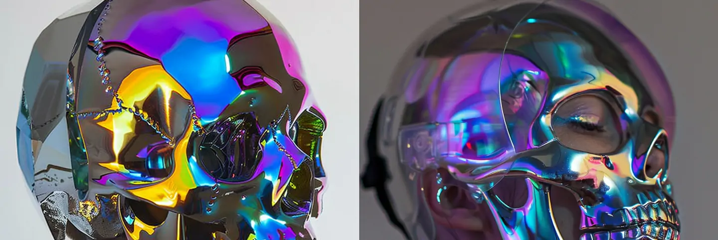 超现实主义彩色渐变透明玻璃金属骷髅面具人物头像艺术摄影海报midjourney关键词咒语